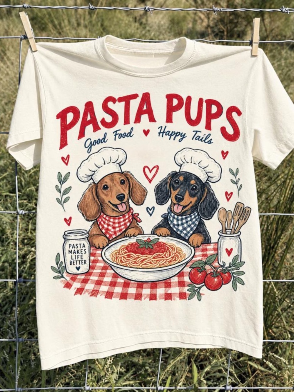 Off White 'Pasta Pups' Graphic Tee with Red and Blue Accents